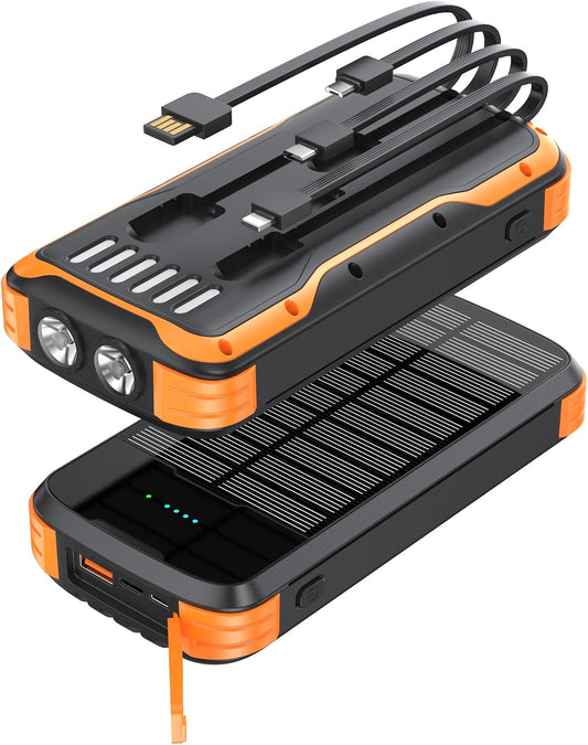 MINRISE Solar Power Bank 40000mAh, Portable Charger PD 20W Fast Charging | Built in 4 Cables and USB-C in/Output,External Battery Pack with Flashlights,for All Cell Phones,for iPad,Camping Essentials
