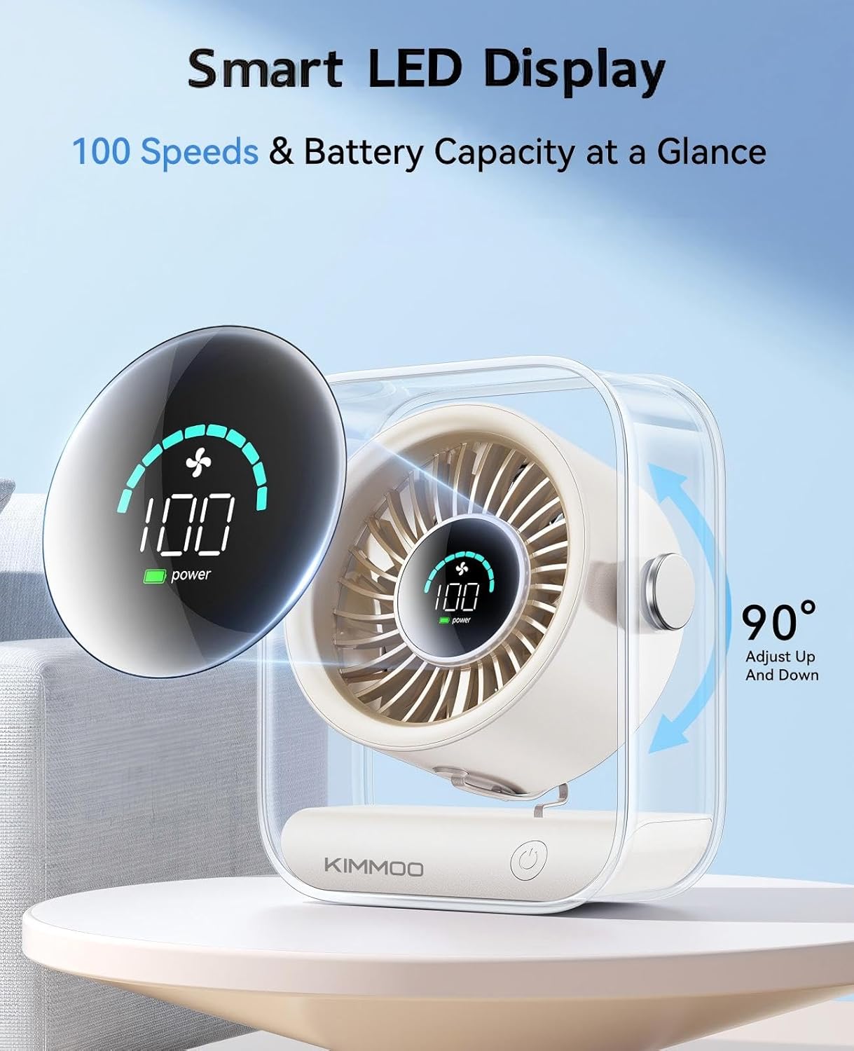 KIMMOO Rechargeable USB Desk Fan, Quiet Table Fan with Turbo Airflow, 100 Speeds, Digital Display, 90° Rotating, Small Battery Desktop Fans for Bedroom Home Office Trave, Beige