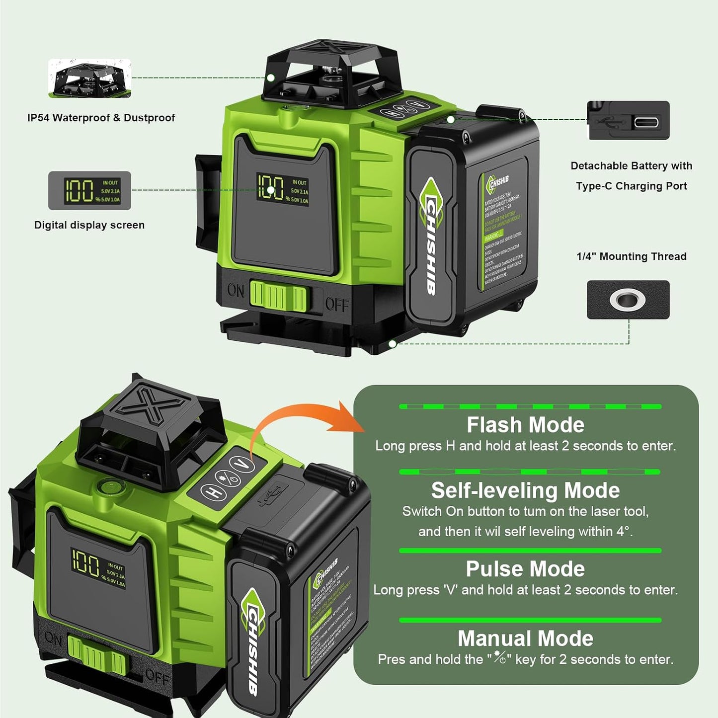 WEIDDW Laser Level 360° Green Cross Line Self Leveling Laser Measuring Tool
