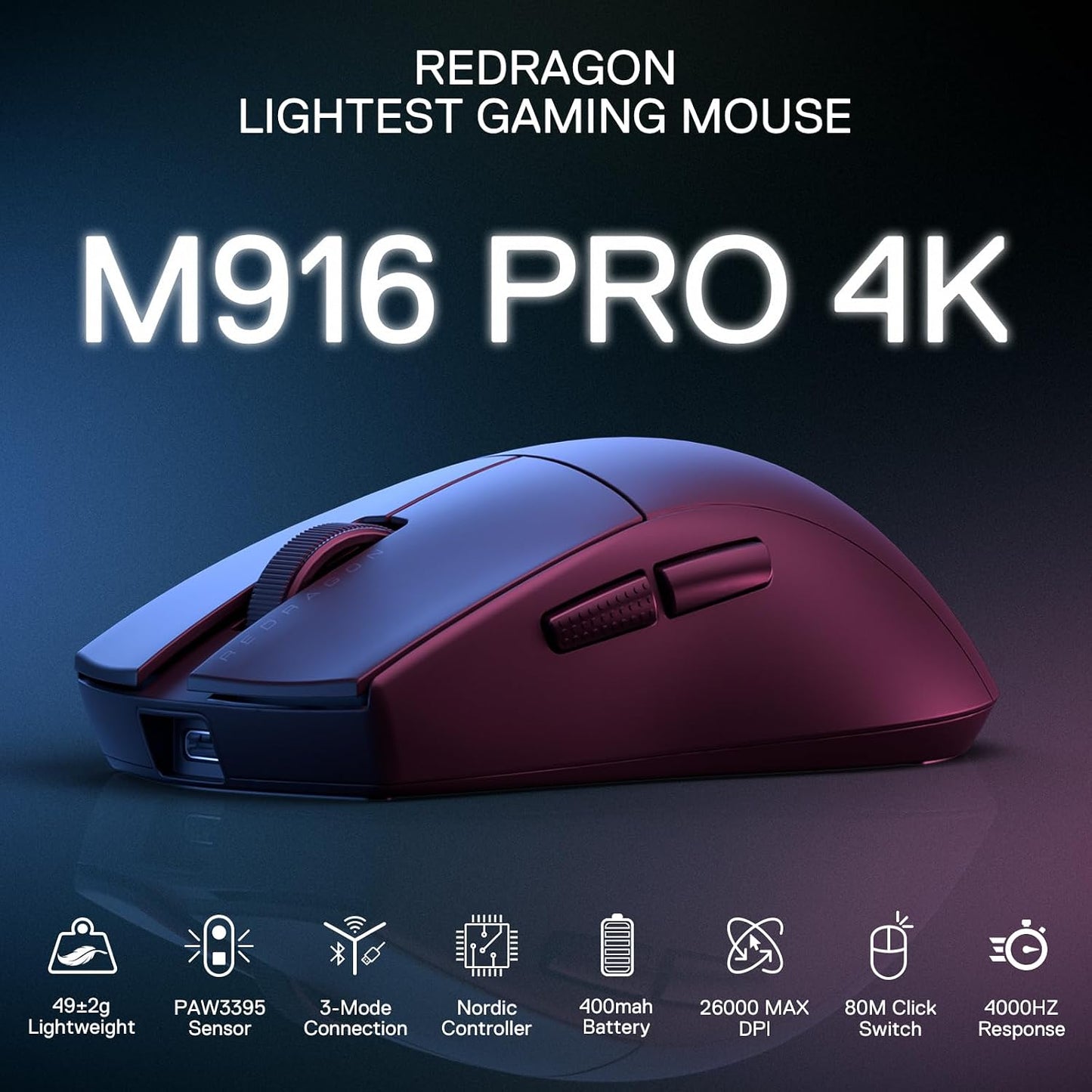 Redragon M916 Wireless 49G Ultra-Light Gaming Mouse 26K DPI Remapping Keys | 4K Polling Rate, Dedicated for FPS Gamers, Redefine Keybinding Macro, Ergonomic Grip Body Comfort