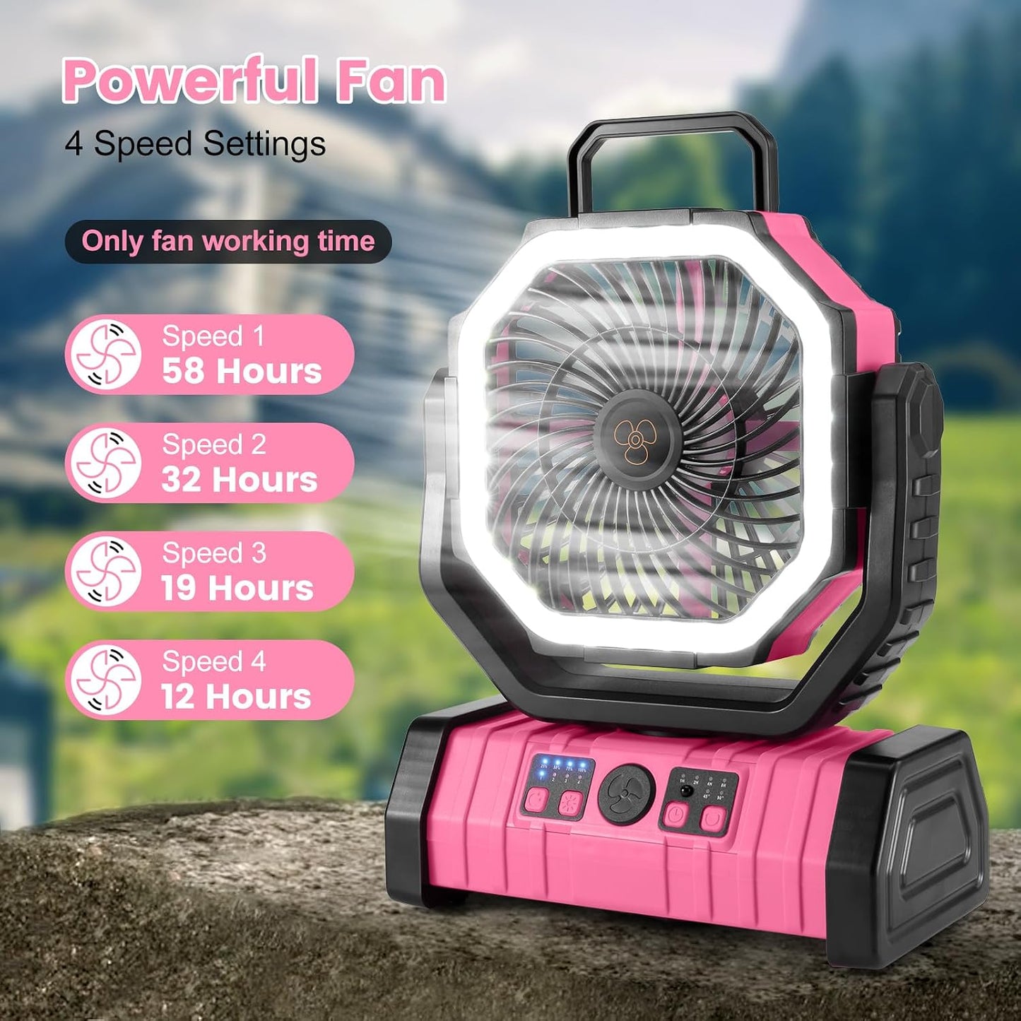 Odoland 30000mAh Camping Fan with LED Lantern, Rechargeable Battery Fan | Operated Oscillating Fan with Remote & Hook, Portable Tent Fan with Timer, 4 Speeds for Outdoor Camp RV Power Outage, Pink