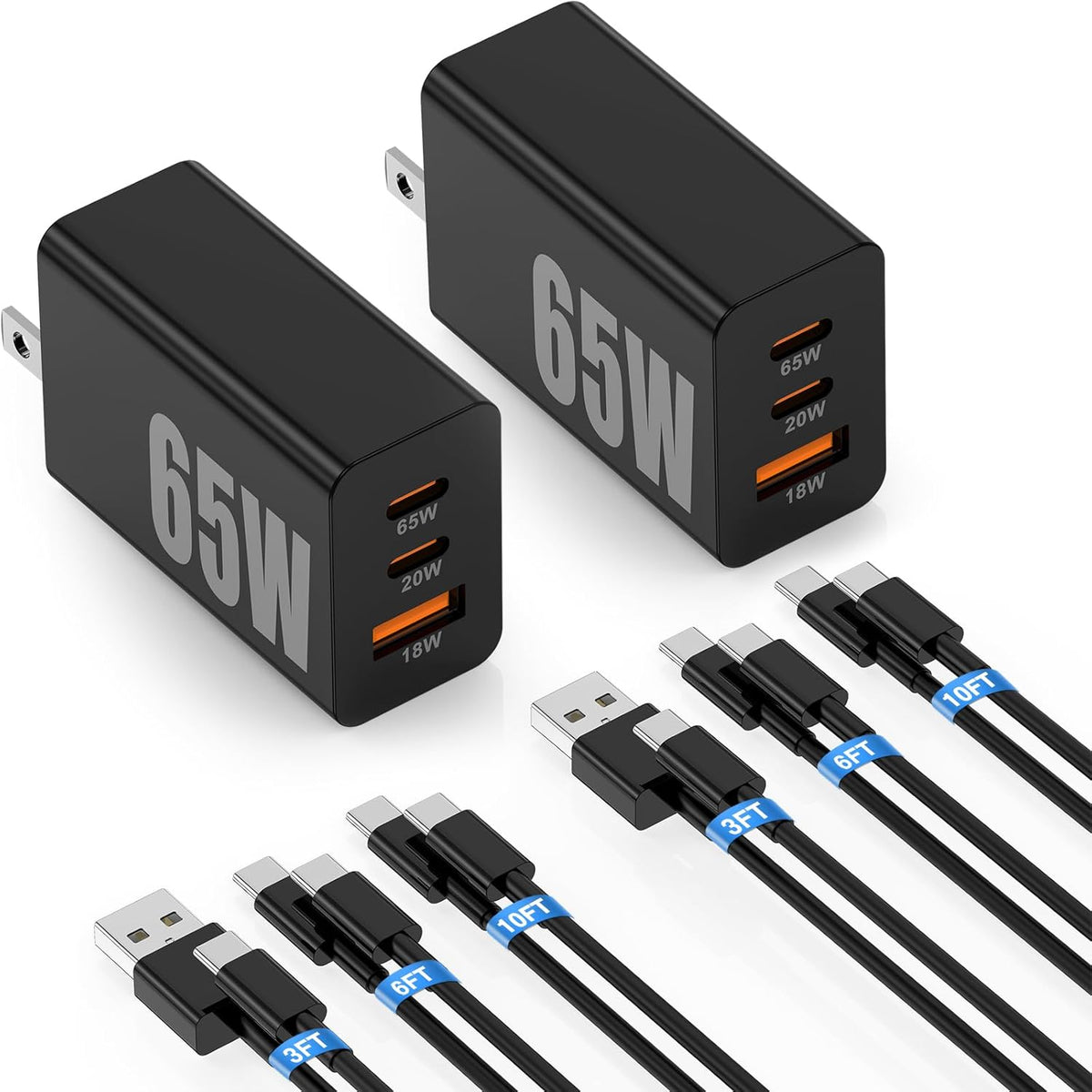 65W Super Fast Charger PD3.0&amp;6/10FT USBC Cable for Samsung Galaxy S26 Ultra | 3-Port GaN Type-C Charging Block PD/QC 3.0 for Galaxy S25/S24/S23 Plus,Tab,MacBook, iPhone 17 Pro Max,Android, 3/6/10FT Cord