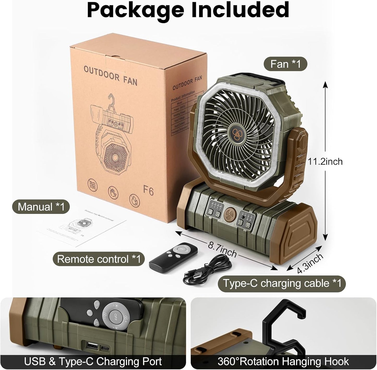 Odoland 30000mAh Camping Fan with LED Lantern, Rechargeable Battery Fan | Operated Oscillating Fan with Remote & Hook, Portable Tent Fan with Timer, 4 Speeds for Outdoor Camp RV Power Outage, Brown