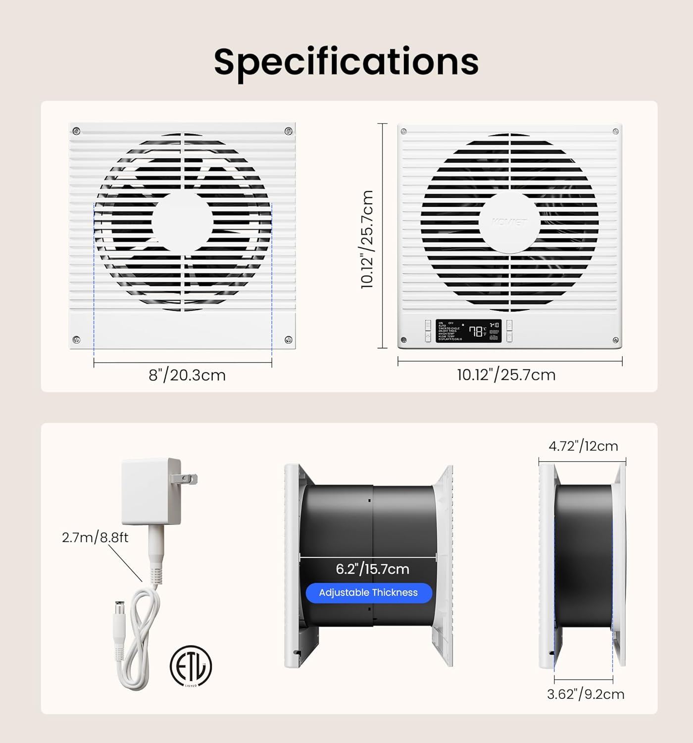 KOVIET 8" Room to Room Ventilation Fan with Remote, Quiet Reversible Through the Wall Air Transfer Fan, 10-Speed Smart Exhaust Vent, Temperature Control, ETL Certified for Bedroom, Kitchen, Laundry