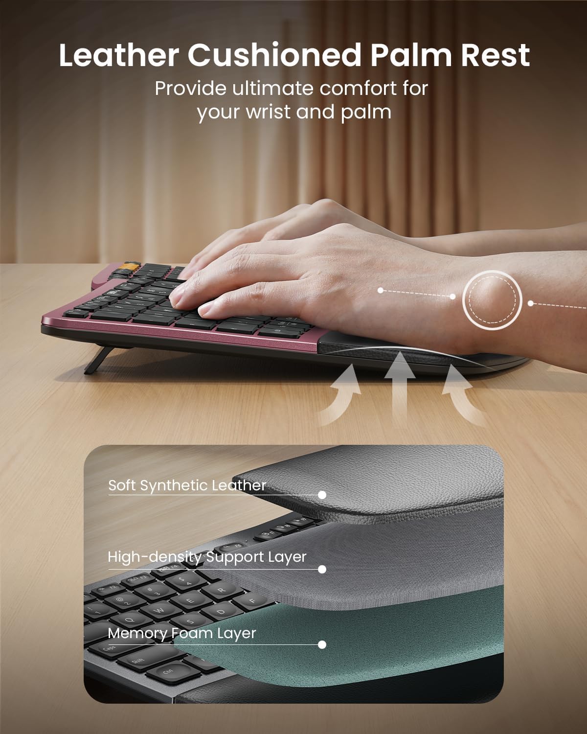 ProtoArc EK01 Plus Backlit Bluetooth Ergonomic Keyboard, Full Size, Red | Adjustable brightness, split design, cushioned wrist rest, connect 3 devices via Bluetooth/2.4G, 2000mAh USB-C rechargeable.
