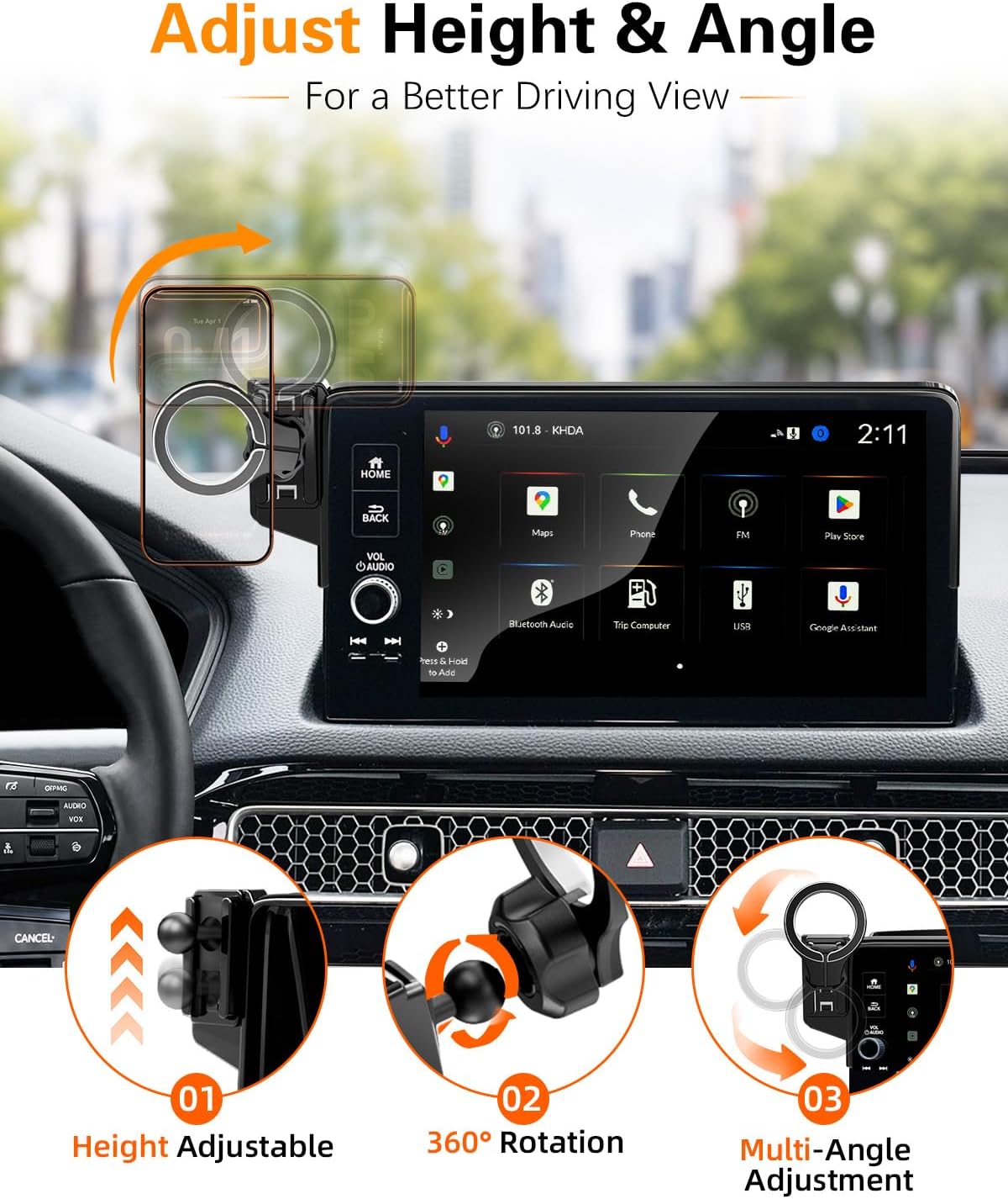 pop-tech Magnetic Phone Holder for Honda Civic 11th Gen 2022 2023 2024 2025 2026, 360° Car Screen Phone Mount Made for Civic Hatchback Sedan Touchscreen, Compatible with Magsafe iPhone Accessories