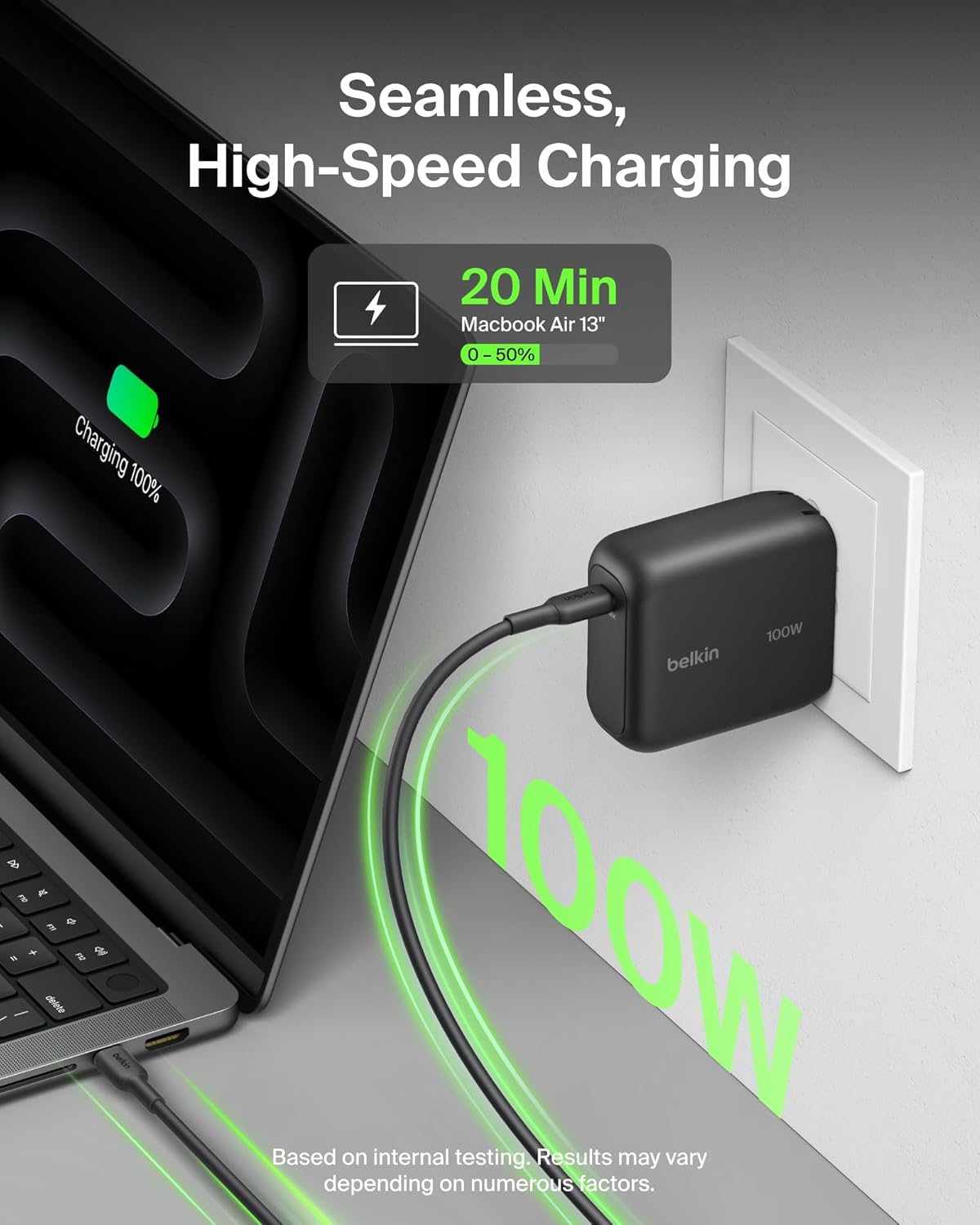 Belkin 100W Compact GaN USB C Charger Block Fast Charging for MacBook | PD 3.2, Super Fast Charging 2.0, Laptop Charger, iPad, iPhone 17, Samsung Galaxy, Pixel, Foldable Prongs, 5ft Cable Included