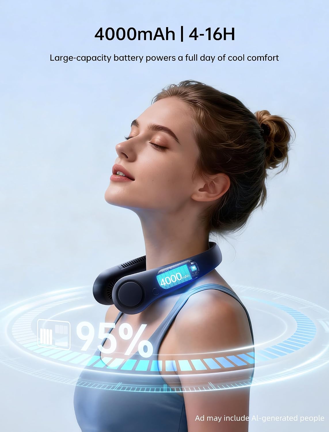 JISULIFE Portable Neck Fan, Hands Free Bladeless Fan, 5 Speeds, 4000 mAh | Battery Operated Wearable Personal Fan, Twistable, Rechargeable Travel Essentials, Gifts for Women Men-Blue