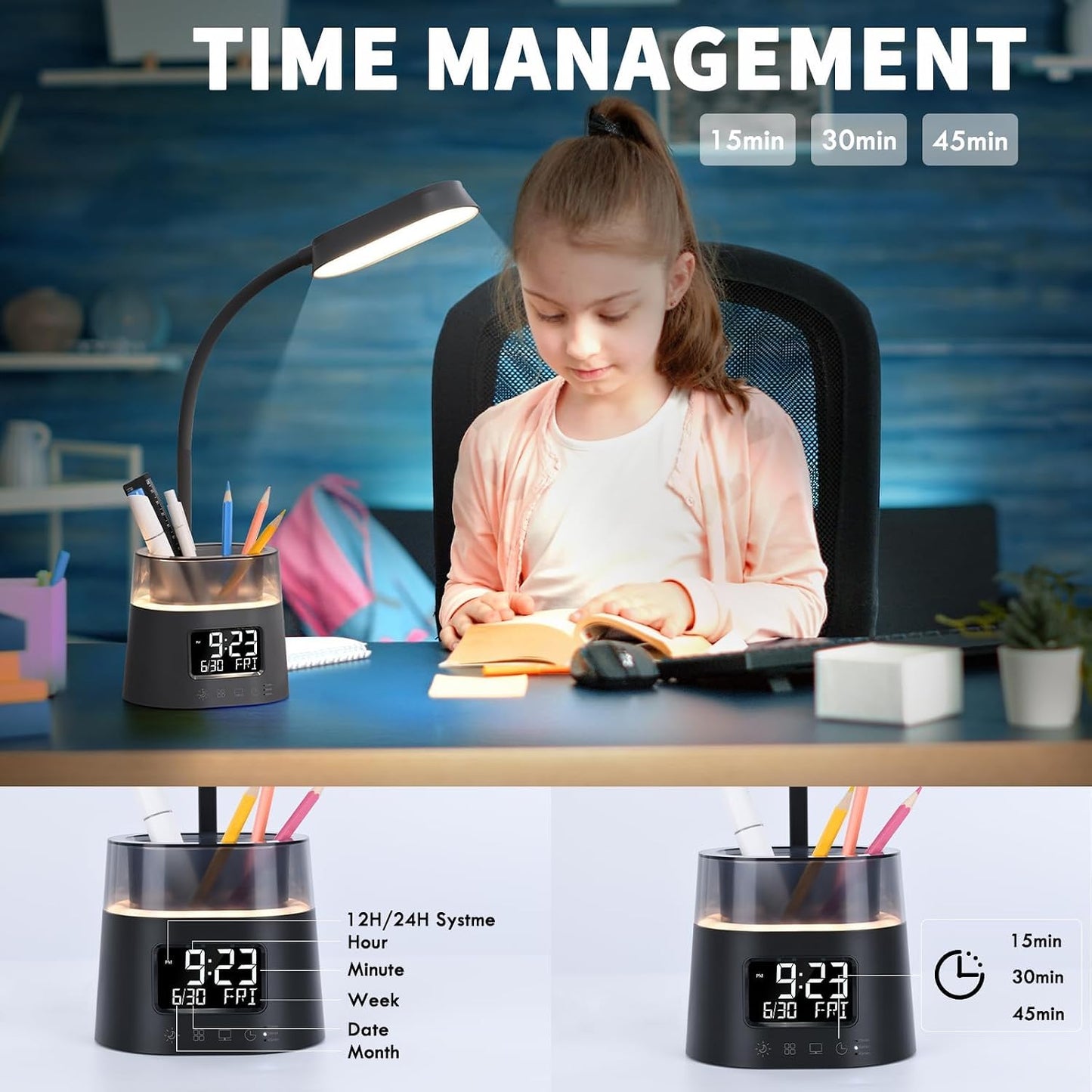 Led Desk Lamp with Pen Holder, Touch Lamps for Nightstand Eye-Caring Bedside Reading Light with Clock, Office Lamps Stepless Dimming, Lamp for Dorm Room, Suitable for Kid/Girl/Boy (Black)
