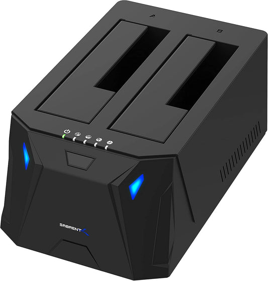 SABRENT USB 3.0 Dual Bay Hard Drive Docking Station & Cloner (EC-HD2B) | 2.5"/3.5" HDD/SSD; offline duplicator/cloner; 20TB+ support; UASP; SATA I/II/III; hard drive reader; hard drive dock