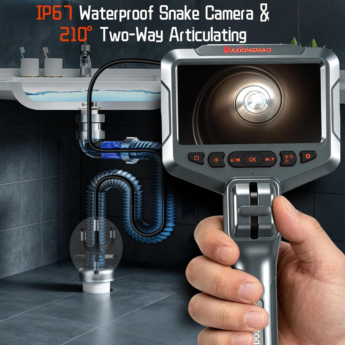 Two-Way Articulating Borescope, 1080P HD Inspection Camera with LED Lights | Industrial Endoscope Tool for Automotive HVAC Plumbing, 5ft Semi-Rigid Snake Probe, IP67 Waterproof & 4.5" IPS Screen
