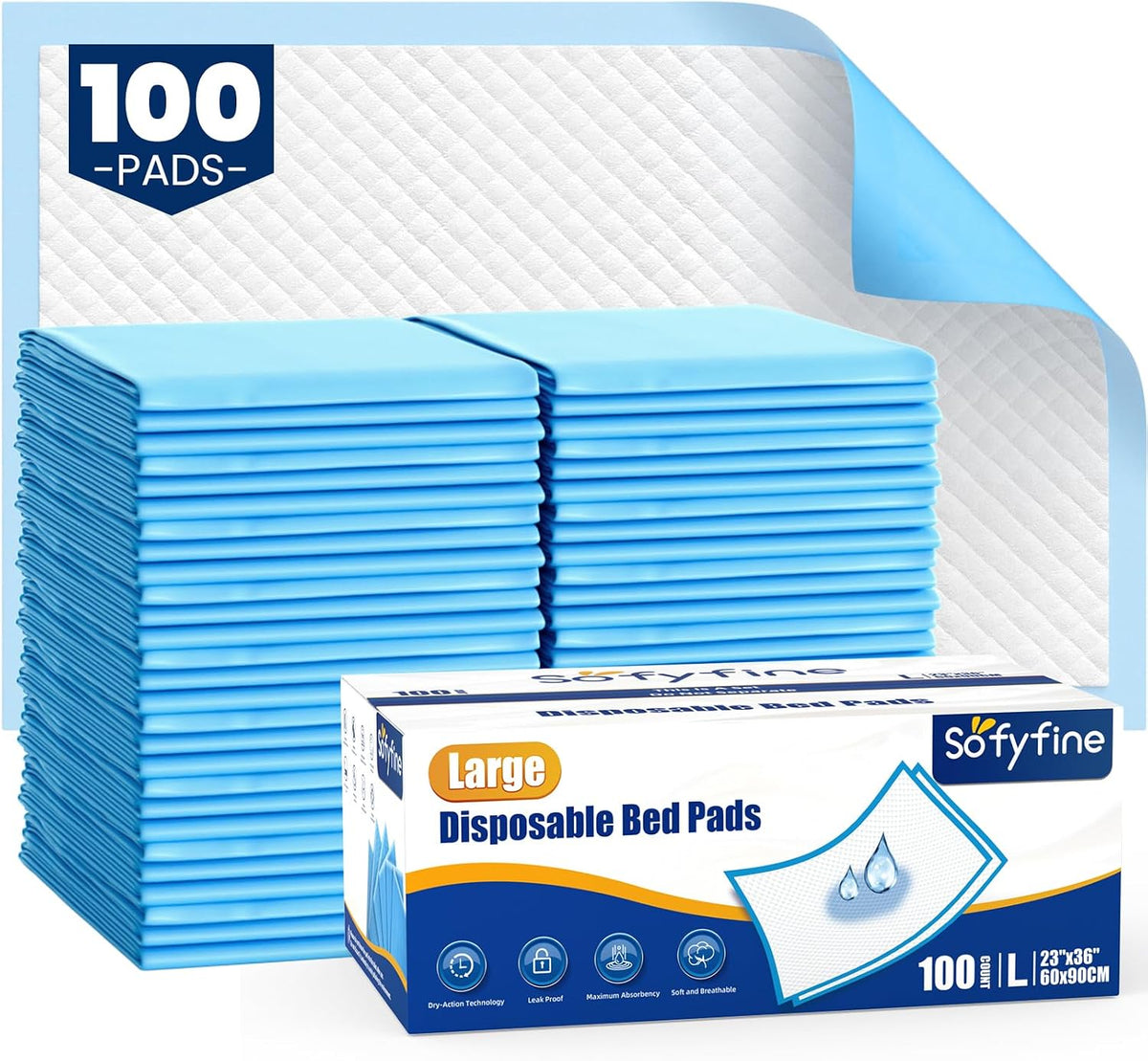 SOFYFINE 100 Count Disposable Bed Pads 23"x36",Waterproof Puppy Pee Pad