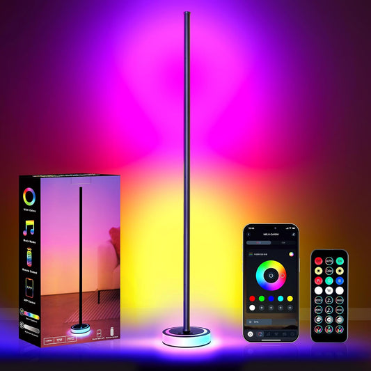 59" Smart LED Corner Floor Lamp, RGBICW Color Changing Ambient Lighting, App Control Music Sync Mood Light, Modern Dimmable Room Decor for Bedroom, Living Room, Gaming Setup, Black