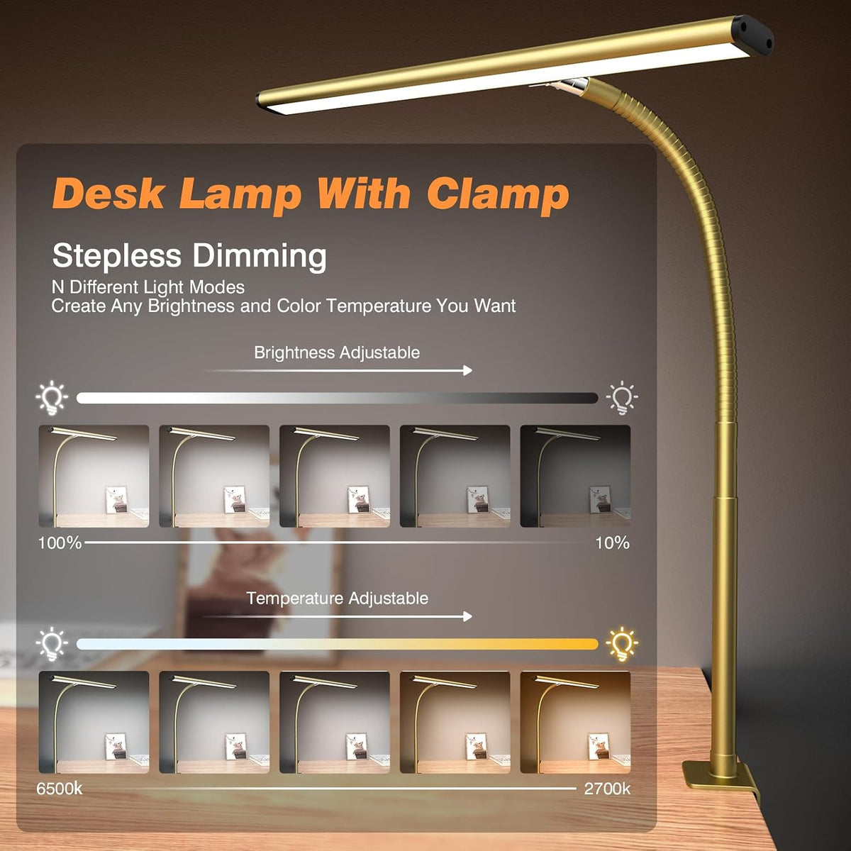 Airlonv LED Desk Lamp with Clamp, 17" Stepless Dimming Light, Gold