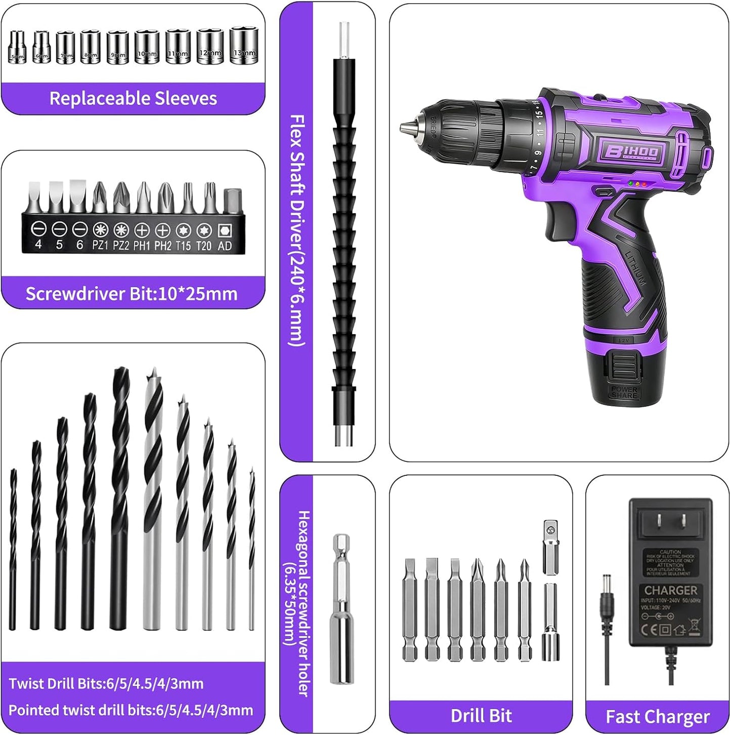 Purple 12V Cordless Drill with 3/8" Keyless Chuck for Gift for Men Women | 25+1 Torque Settings, 25Nm, 43Pcs Drill Bit Set, 0-1600 RPM Dual Speed, 2000mAh Li-ion, LED Light, Electric Screwdriver