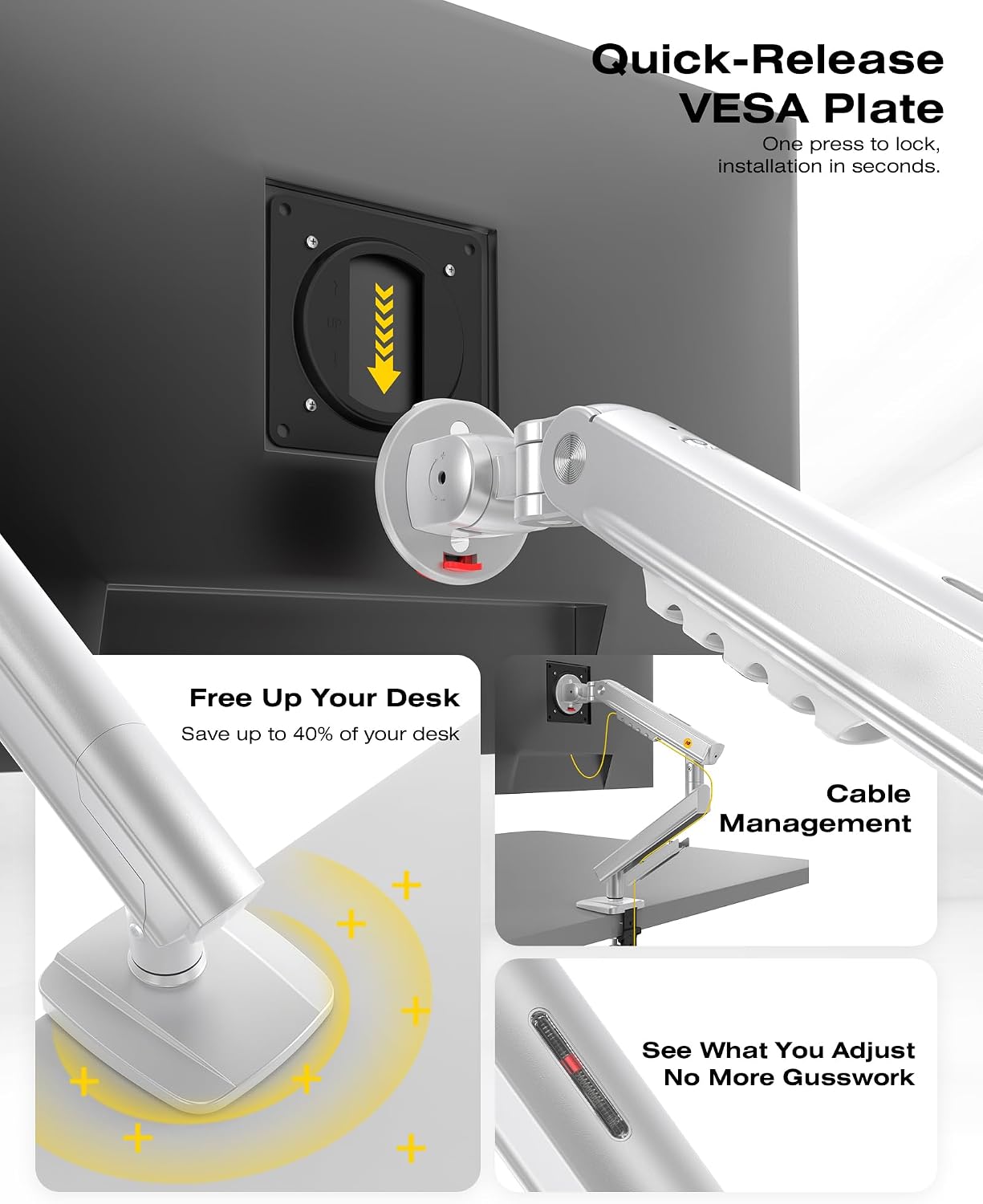 NB SmooVex™ Single Computer Monitor Mount, Monitor Stand fits up to 32 Inch, Mechanical Spring Monitor Arm, VESA 75/100 mm, Model-A5 (Silver)