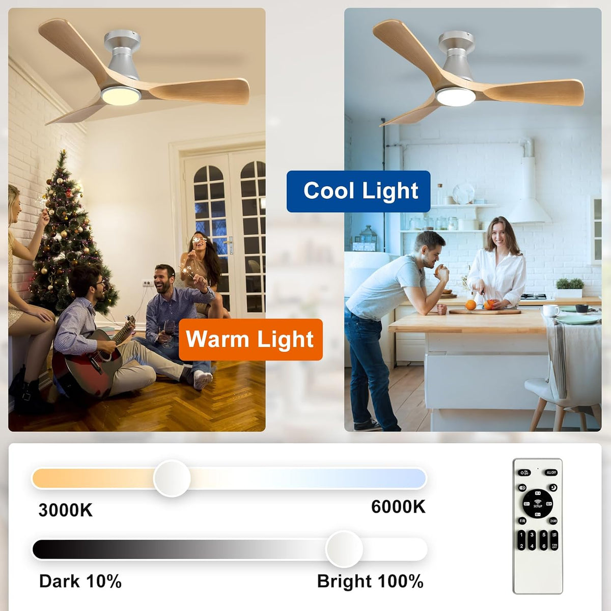 Depuley 42-Inch Ceiling Fans with Lights: Wood 3 Blade Flush Mount Low Profile Ceiling Fan for Bedroom - Dimmable Indoor Outdoor Fan with Remote Control Ultra Quiet DC Motor Timer