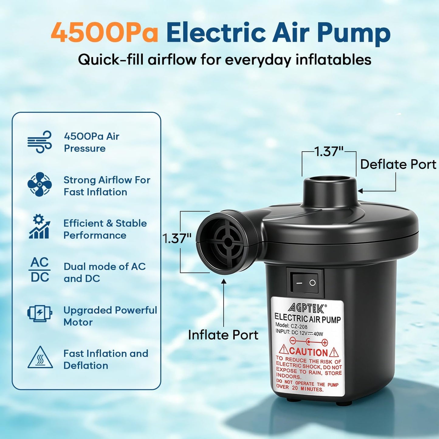 AGPTEK Electric Air Pump for Inflatables,110V AC &12V DC Inflator Deflator | 4.5kPa Quick-Fill, 3 Nozzles, Portable Air Pumps for Outdoor Camping, Inflatable Air Mattress Beds, Boats, Swimming Ring