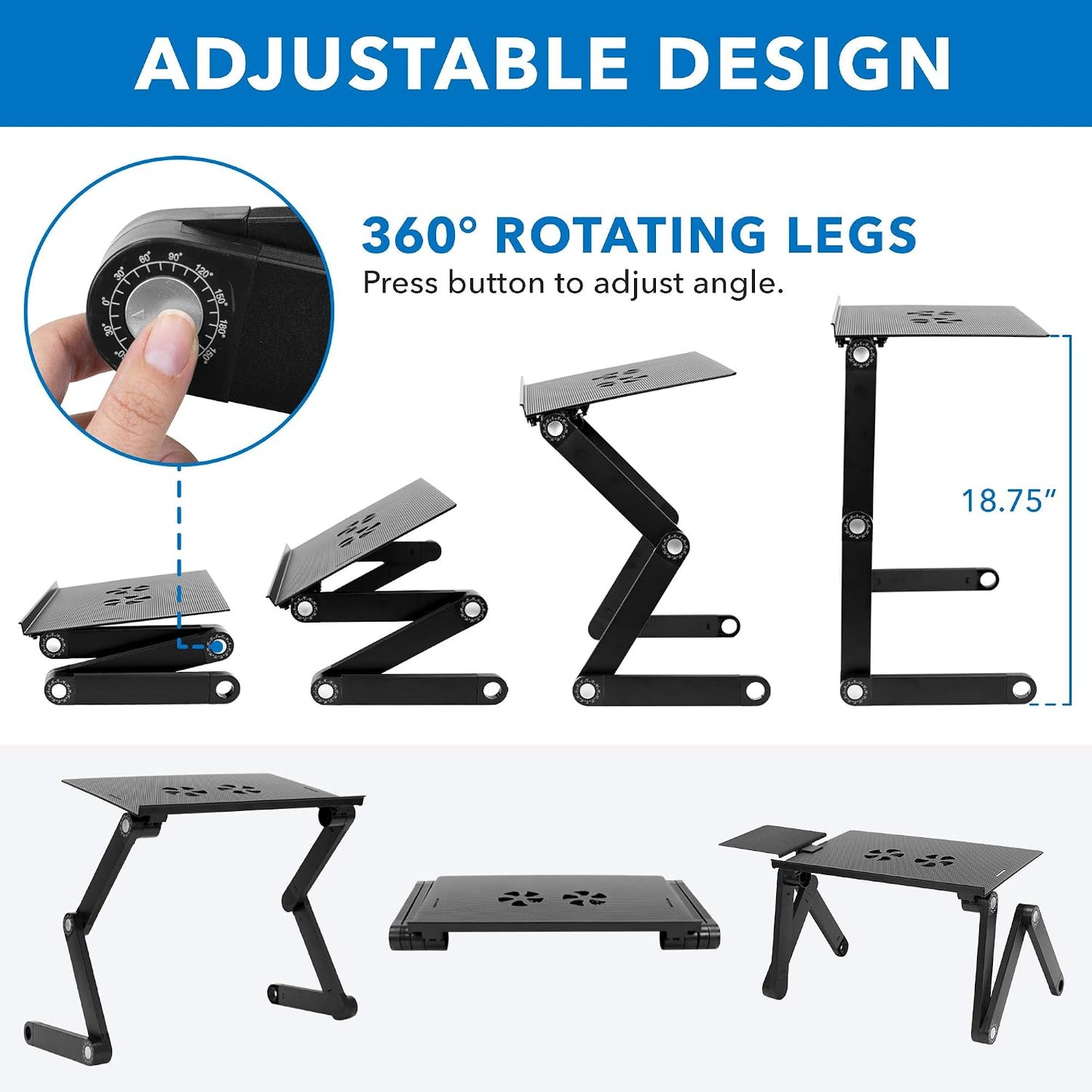 Mount-It! Adjustable Laptop Stand & Lap Desk with USB Cooling Fans, Large Aluminum Laptop Tray with Mouse Pad, Portable Sit-Stand Laptop Desk for Bed, Couch & Table
