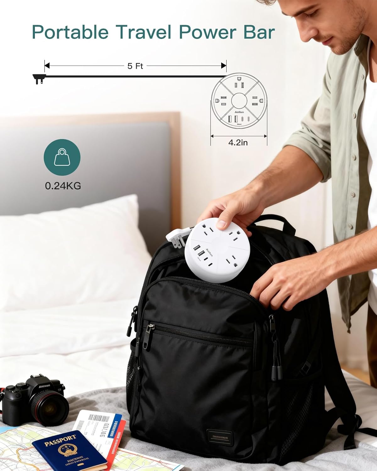 Travel Esstentials - Cruise Approved Power Strip with 5ft Retractable Cord | Ultra Thin Flat Plug, Addtam 3 Outlets 4 USB (2 USB C), Non Surge Protector for Travel/Cruise/Home/Dorm/Office, ETL Listed