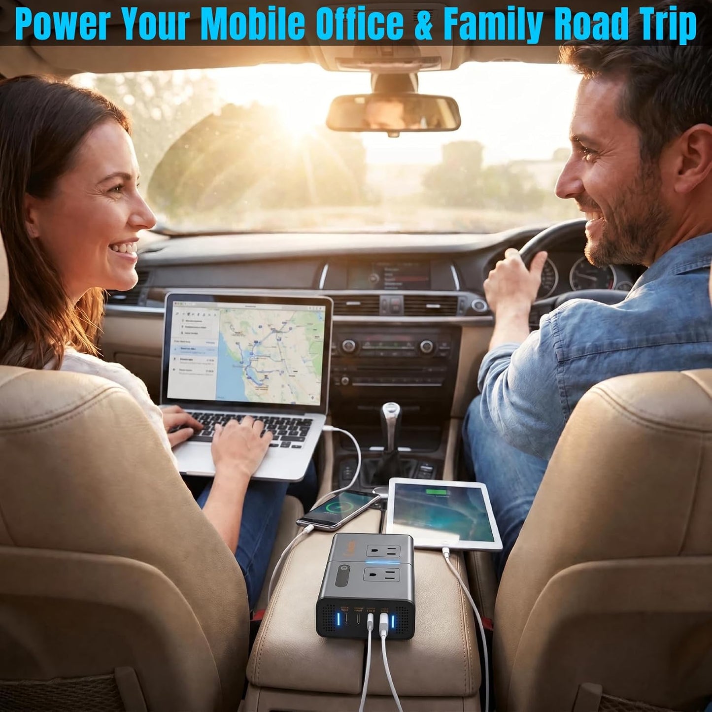 200W 7-in-1 Car Power Inverter DC 12V to 110V AC with Dual PD 36W USB-C & QC 3.0 30W, 2 AC Outlet Car Plug Adapter, LED Voltage Display, Quiet Cooling Fan for Laptop Road Trip Camping
