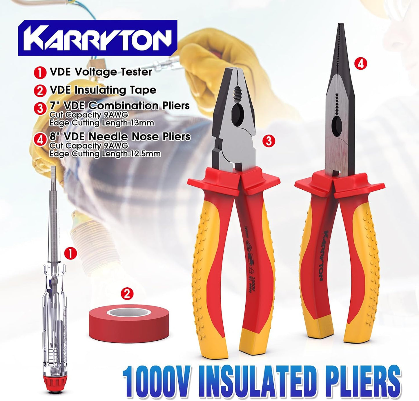 14PCS 1000V Insulated Electrician Tool Set | VDE certified electrical tools kit with pliers, screwdrivers, voltage tester, ideal for home and industrial electrical repair