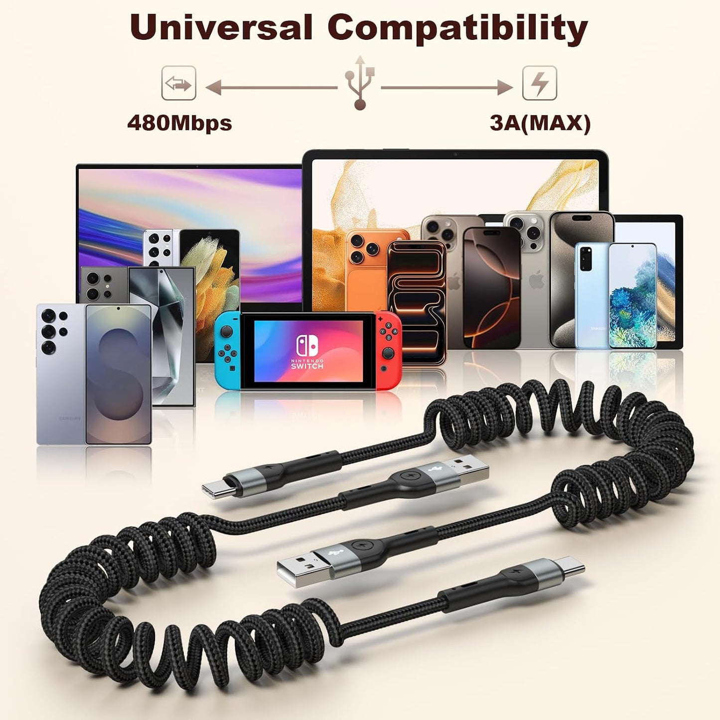 Coiled USB C Charger Cable for CarPlay [3ft 2Pack],USB A to USB C Cable,Durable Braided Type C Fast Charging Cable for iPhone 17/16/15/Pro/Pro Max,Galaxy S26/25/S24,Android Devices（Black）