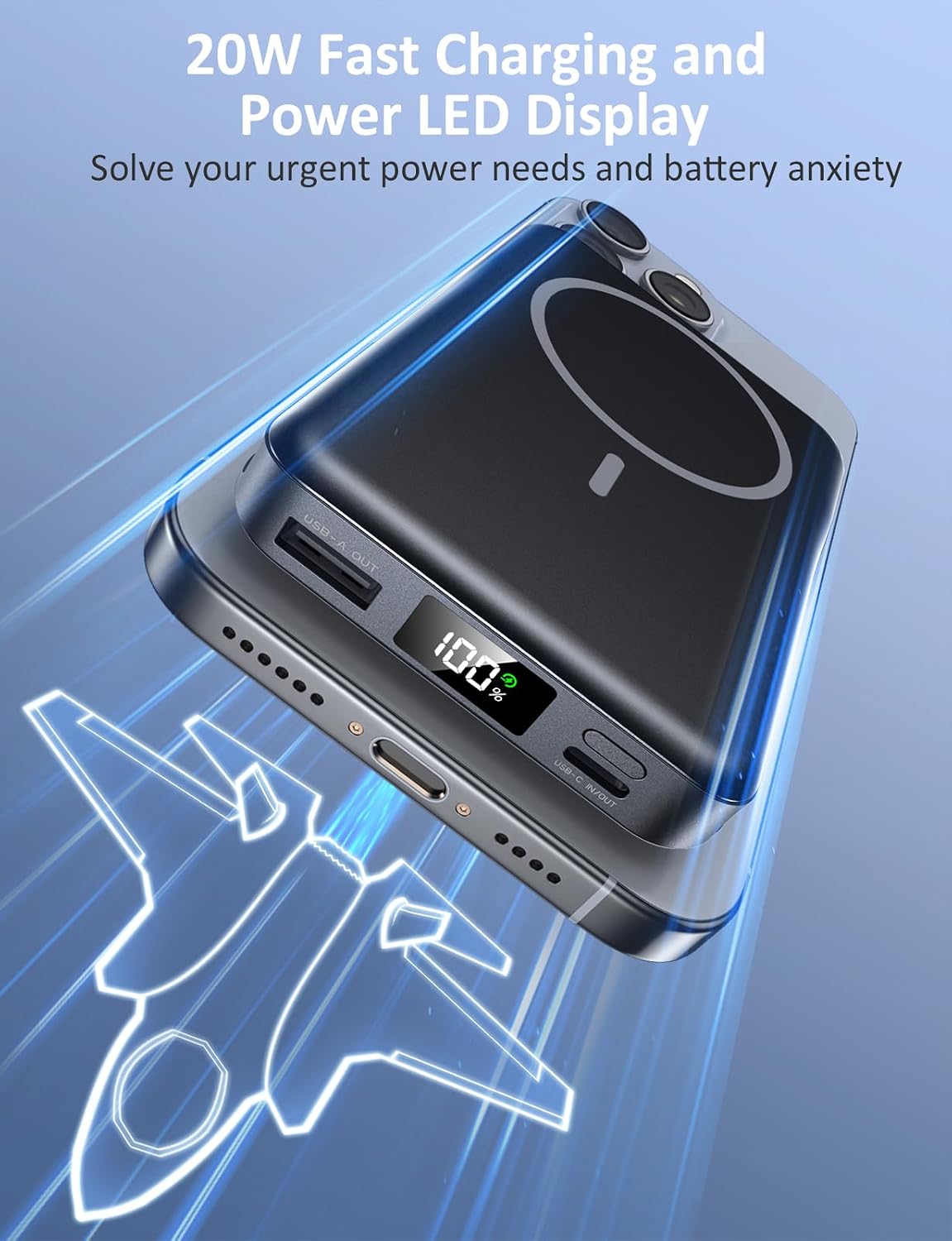 Magnetic Portable Charger 10000mAh, 20W Power Bank with Built in Cable | 20W Fast Charging for Magsafe Battery Pack with LED Display, Travel Essential for iPhone 17/16/15/14/13/12 Pro/Pro Max-Black