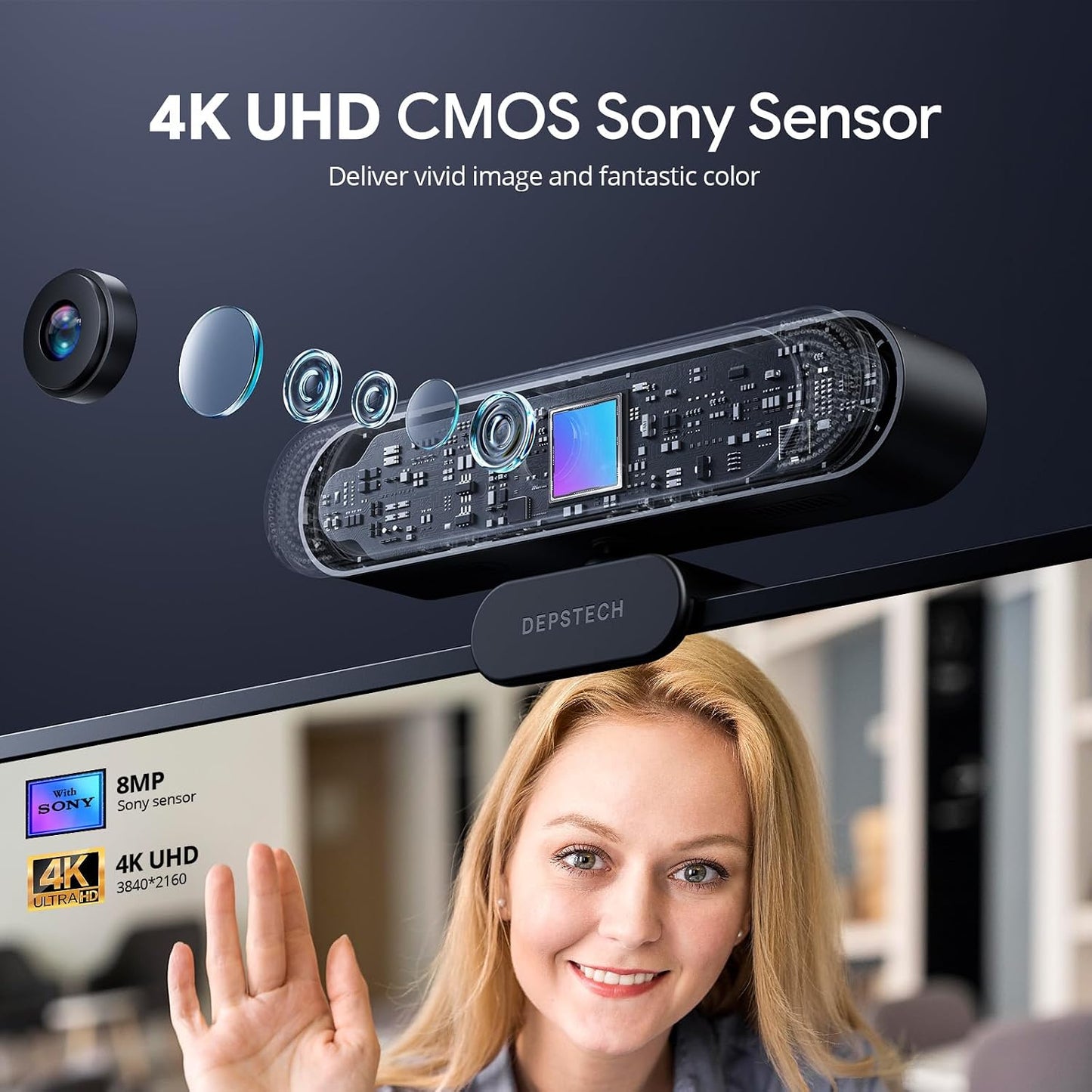 DEPSTECH 4K Webcam, Ultra HD 1/2.55'' Sony Sensor 3X Digital Zoom Autofocus | Dual Noise-Canceling Microphones, Remote Control, 80° FOV, Streaming Webcam for PC Mac Laptop Video Call Zoom Skype Teams