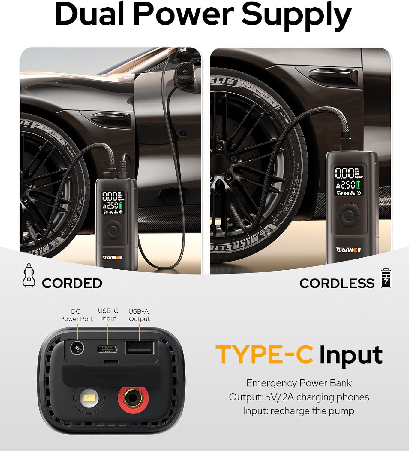 WARWOLF 160PSI Tire Inflator Portable Air Compressor, Electric Air Pump for Car Tires with Pressure Gauge, Dual Power 12V DC, LED Light, Auto Shut-Off, Tire Pump for Auto, Motorcycle, Bicycle, Balls