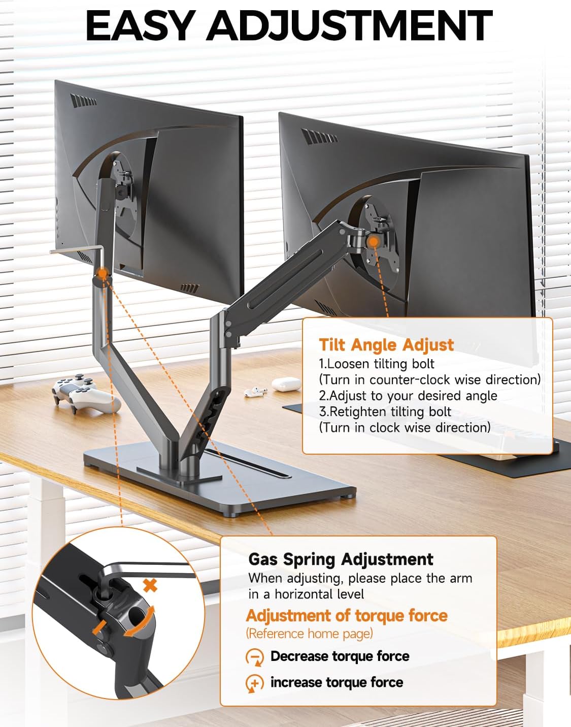 Bracwiser Dual Monitor Stand Free Standing Desk Mount, Premium Dual Monitor Arm Fits Two Screens up to 40 inch 26.45 lbs Fully Adjustable Arms with Heavy-Duty Wooden Base, Max VESA 100x100mm (MLXSPC)