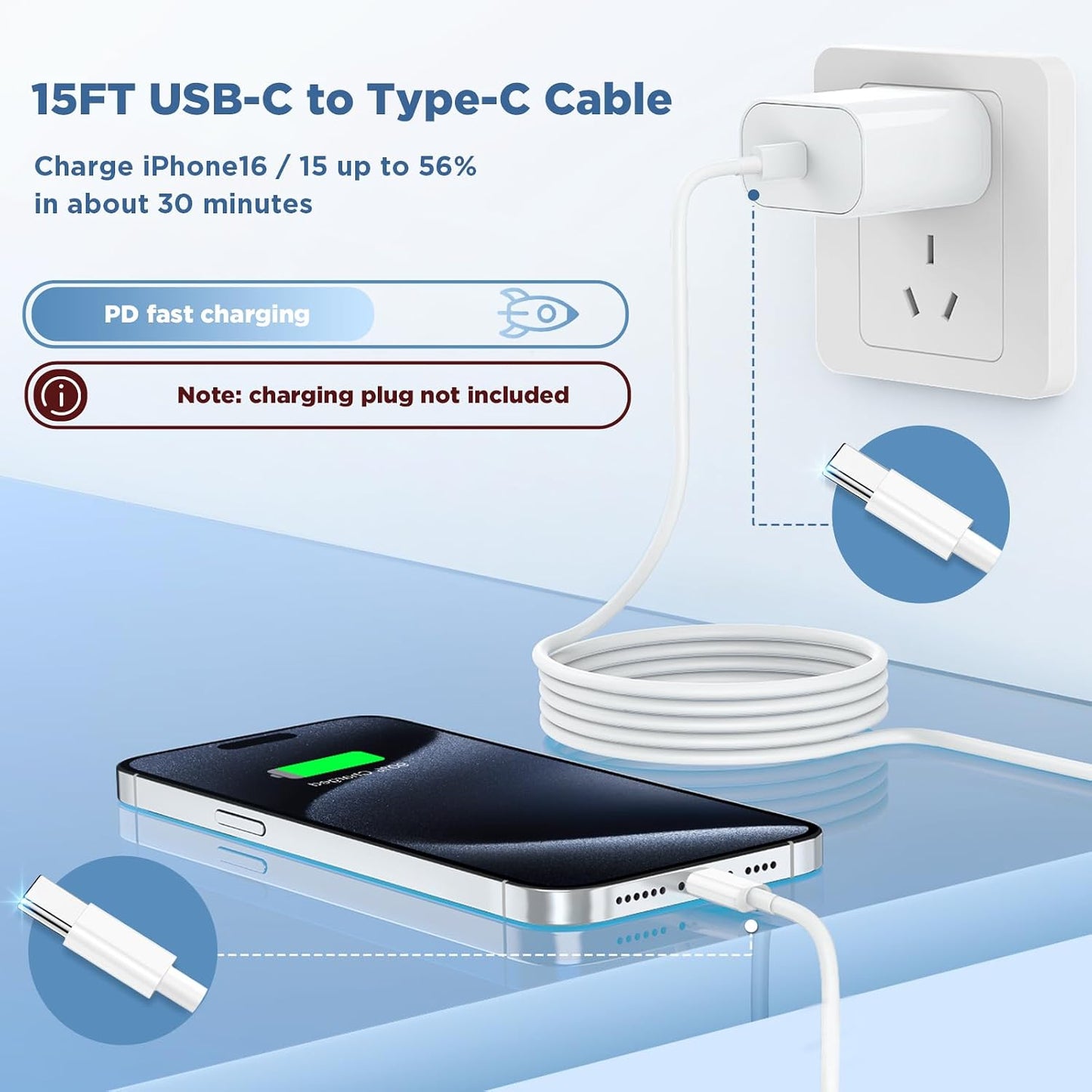 Long USB C to USB C Cable 15FT for iPhone 17 16 15 Pro Max,60W Fast Charging Type C to Type C Charger Cord for iPhone 17 16 15/16 15 Plus/17 Air/17 16 15 Pro, iPad Pro/Air,MacBook,Galaxy S25-White