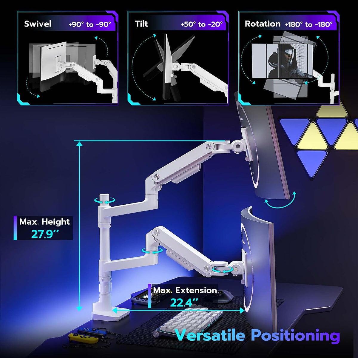 Dual Monitor Arm Desk Mount for 17-49 Inch Monitors Holds 44 lbs, White