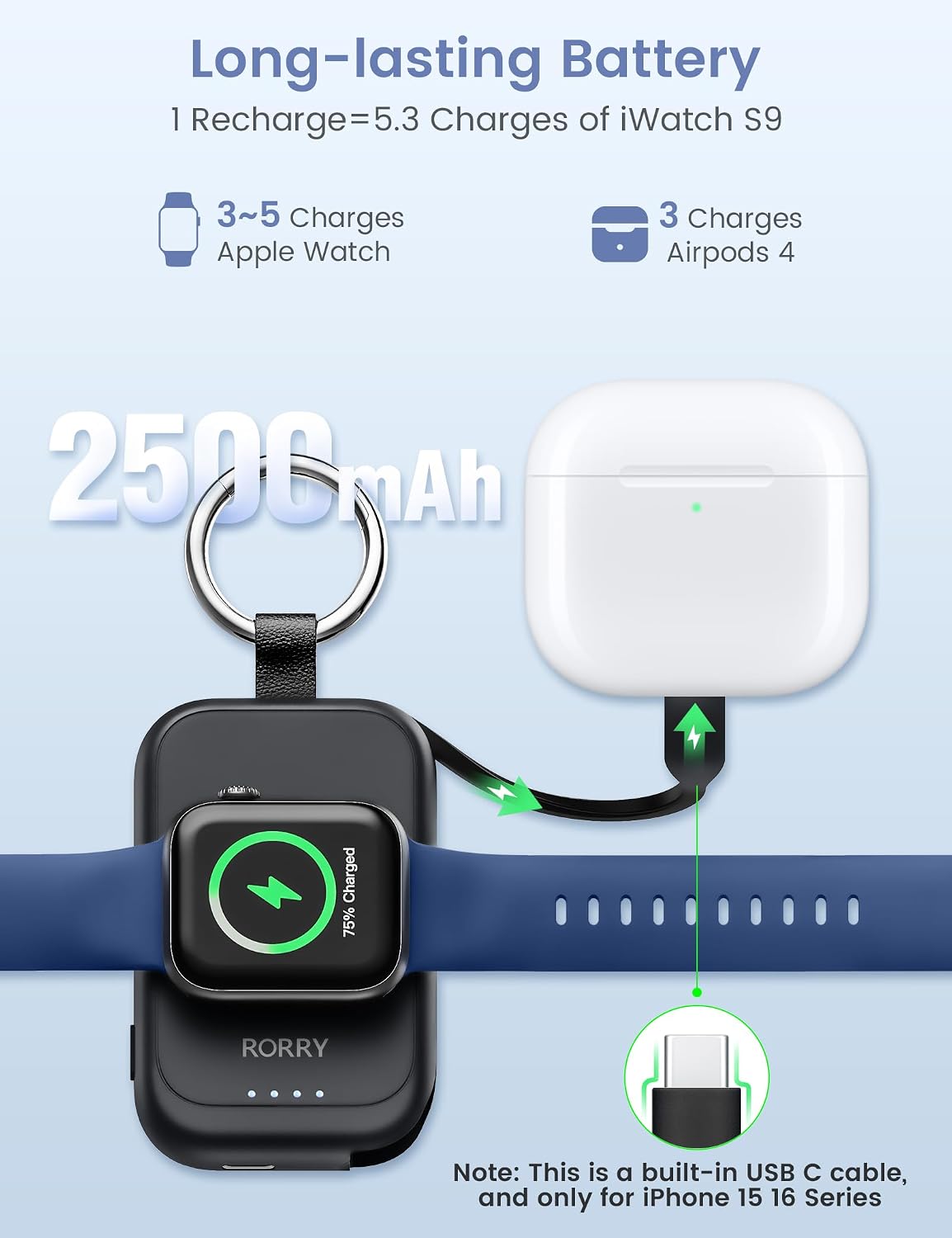 RORRY CharmGo for Apple Watch Charger, 2500mAh Portable Charger for iWatch | Fast Charging Travel Keychain Charger with Built-in USB C Cable for Apple Watch Ultra Ultra Series 11 10 9 8 7 6 3 2