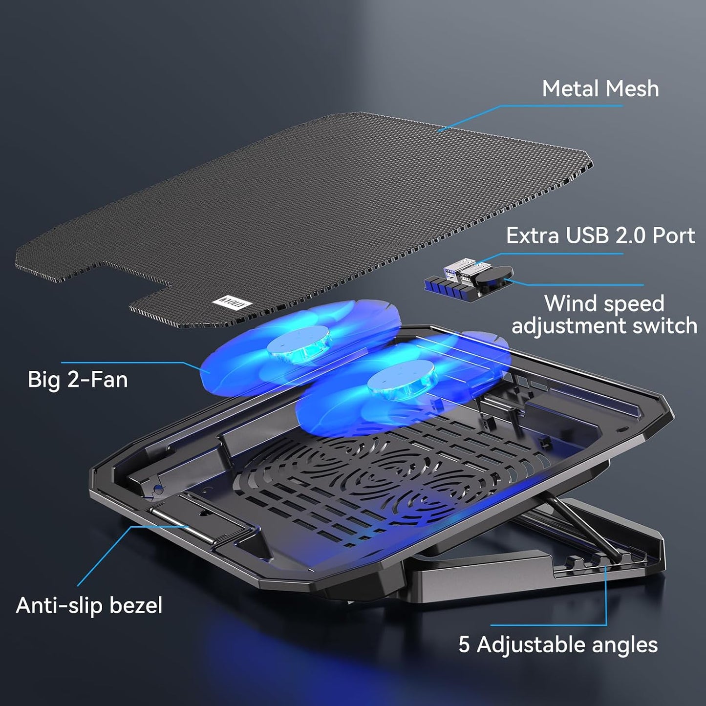 KYOLLY Ultra Slim Laptop Cooling Pad with 2 Quiet Big Fans, 5 Height Adjustable Ergonomic Stand, Portable Cooler for 10-15.6 Inch Laptops, Speed Control and 2 USB Ports