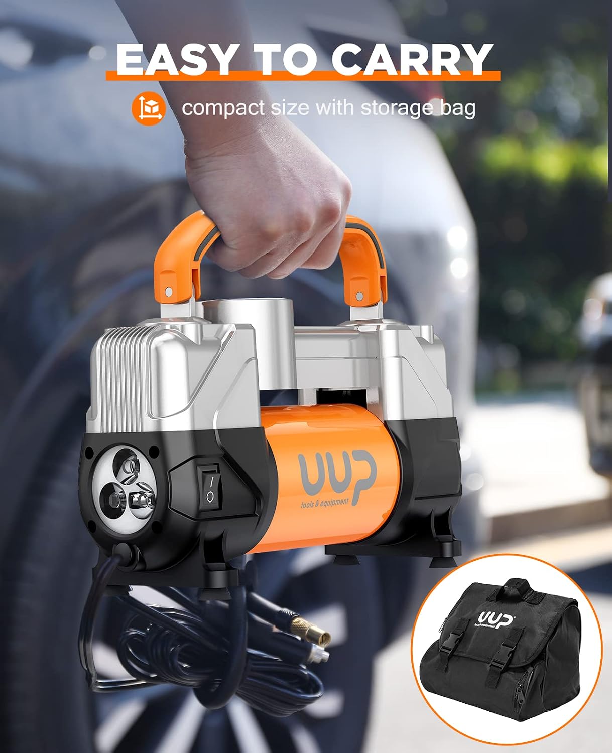 UUP Portable 12V Air Compressor, 150 PSI Tire Inflator with Dual Cylinders | Heavy-Duty Air Pump with Emergency LED Light for Car, Truck, SUV, RV, Bicycle Tires, Balls, Air Mattress, Orange