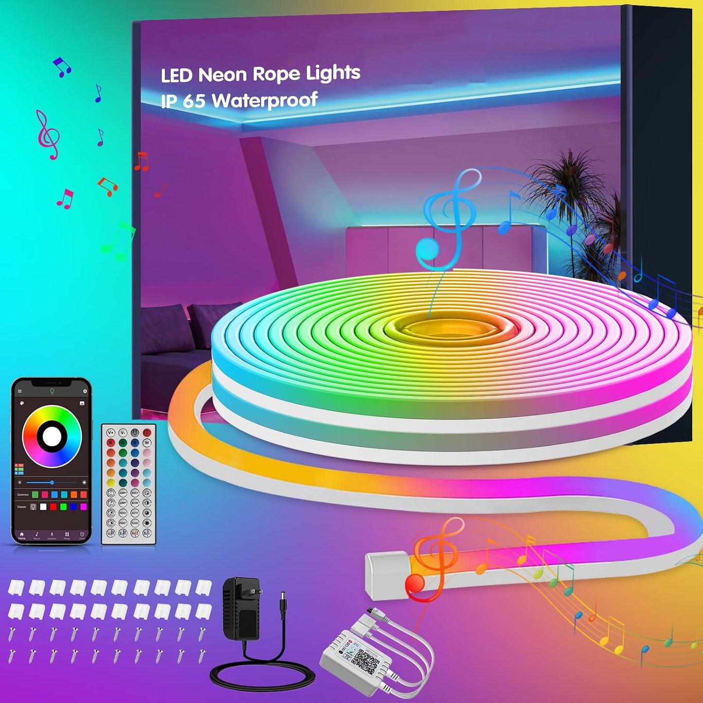 Ledagic 50FT RGB Neon Rope Lights, Outdoor Led Strip Lights Waterproof IP67 with Remote and App Control, Flexible Led Rope Lights, Music Sync Led Lights for Bedroom, Gaming, Outdoors Decor (1 Roll)