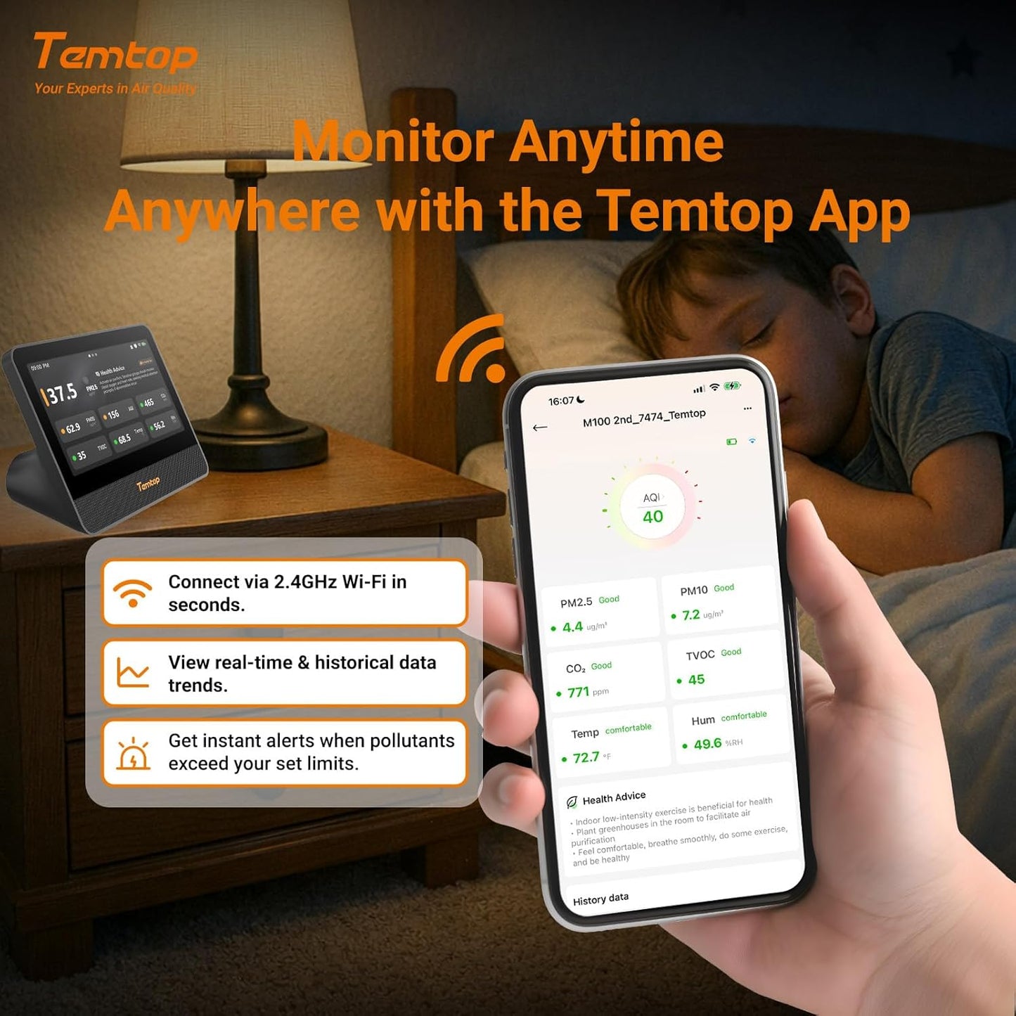Temtop Ultimate Air Quality Monitoring System: M100 2nd Gen Master Unit with P1 (PM2.5/PM10) & P2 (CO2/PM2.5/PM10) Sensors for Comprehensive Whole-Home Coverage & Smart Insights