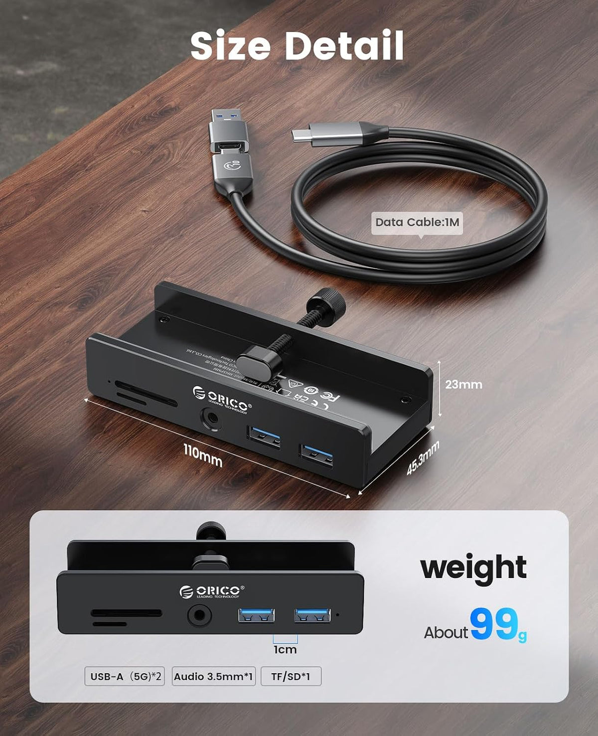 ORICO USB Hub 3.0, 5 Ports Clamp USB Hub with Extra Power Port