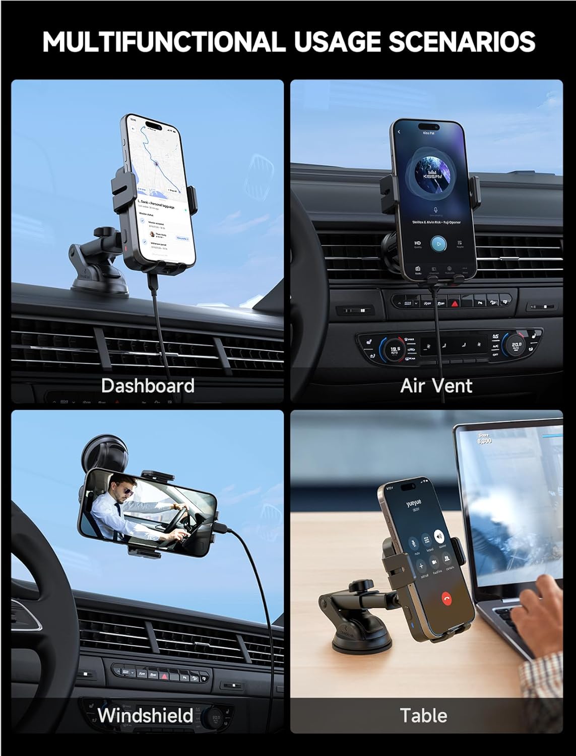 Wireless Car Charger 15W Auto Clamping Phone Holder Dash Windshield Vent | Car Charger Compatible with iPhone 17 16 15 14/13/13 Pro/12 pro/12/11/X/8, Samsung S24/S23/S22