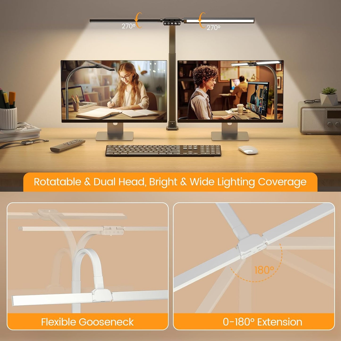 SIBRILLE Upgraded LED Desk Lamp for Home Office with RGB, Rotatable Computer Desk Light with Remote, Tall Table Lamp with Clamp for Working, Dimmable Dual Head Task Lighting for Monitor PC, 22W