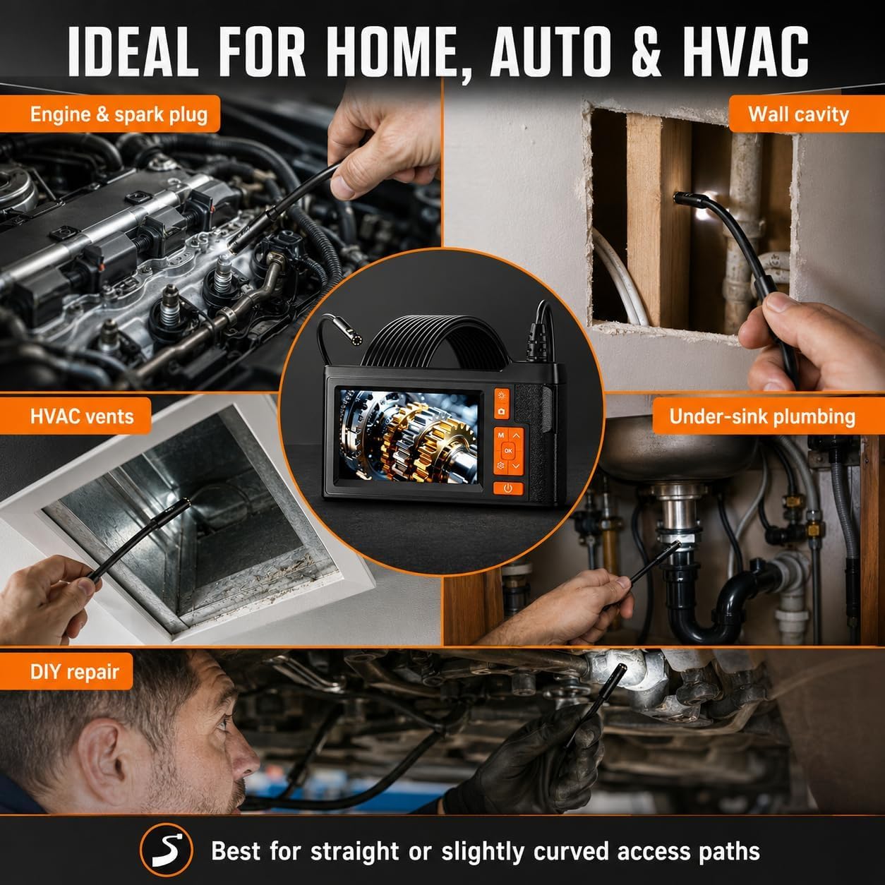 Dual Lens Borescope Inspection Camera, 4.3" HD Screen 1080P Photo Video | Endoscope Camera with 32GB Card, 8+1 Lights, 16.4FT Semi-Rigid Cable, IP67 Waterproof Snake Camera for Automotive, Pipe, HVAC