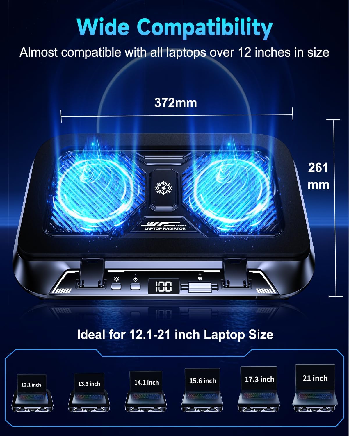 Laptop Cooling Pad with Dual Core Cooler, Gaming Laptop Cooler with 5.5in 2 Powerful Turbofan(9500 RPM), Fast Cooling Laptop 12-21in, 5 Height Stands, 100 Gear Speed, LCD Screen, RGB, Phone Holder