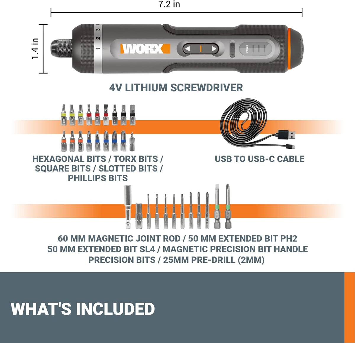 WORX Cordless Screwdriver, 4V 30-Piece Accessory Kit, WX242L | Cordless Driver with Rechargeable Battery, Black/Silver, for Home DIY, Assembly, Furniture Installation and Repairs