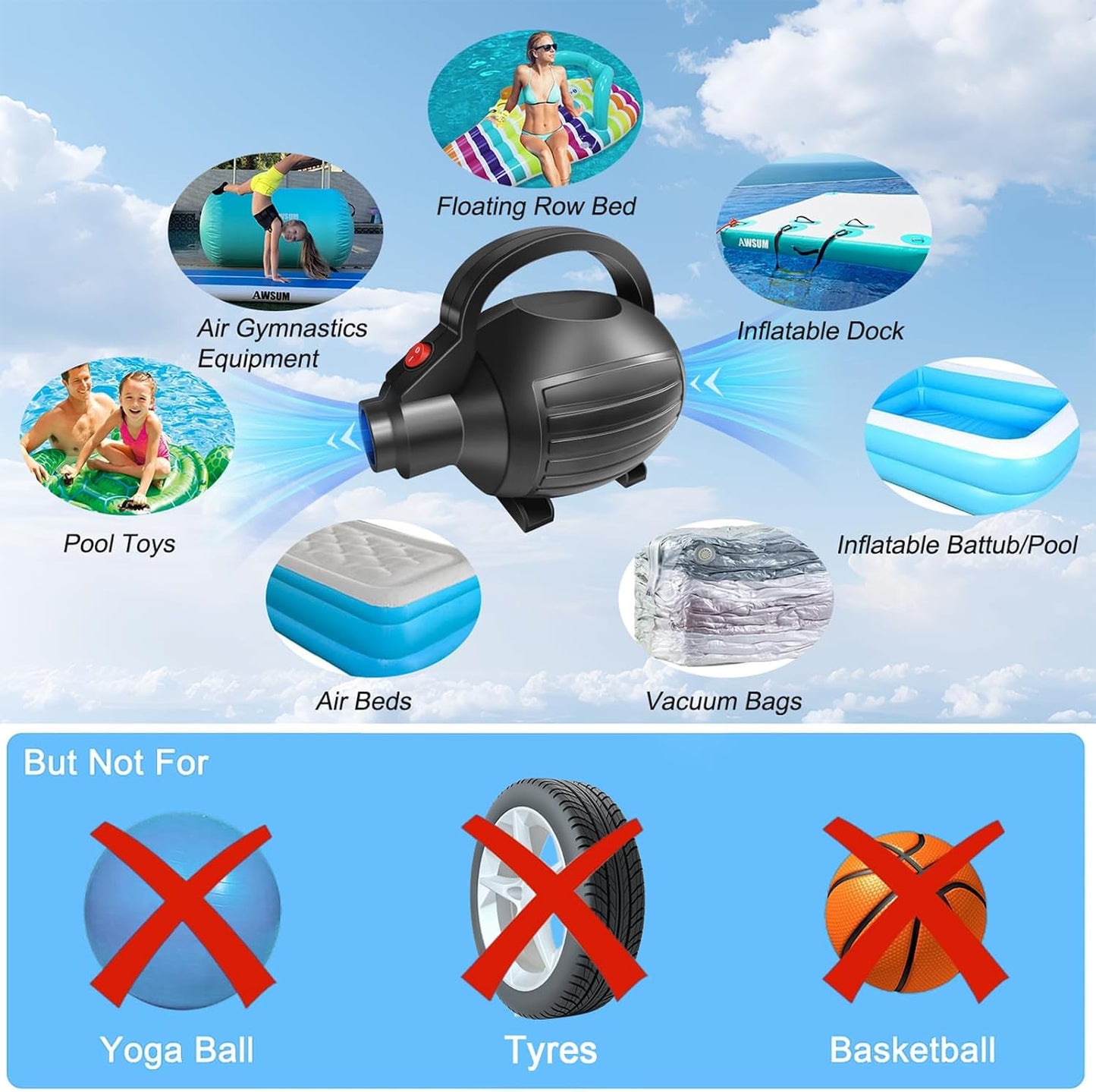 600W Electric Air Pump for Inflatable Gymnastics Mat | 110-120V AC Air Mattress Quick Fill Inflator Deflator Pump, Portable for Pool Floats/Air Bed/Gymnastics/Gym,4 Nozzles