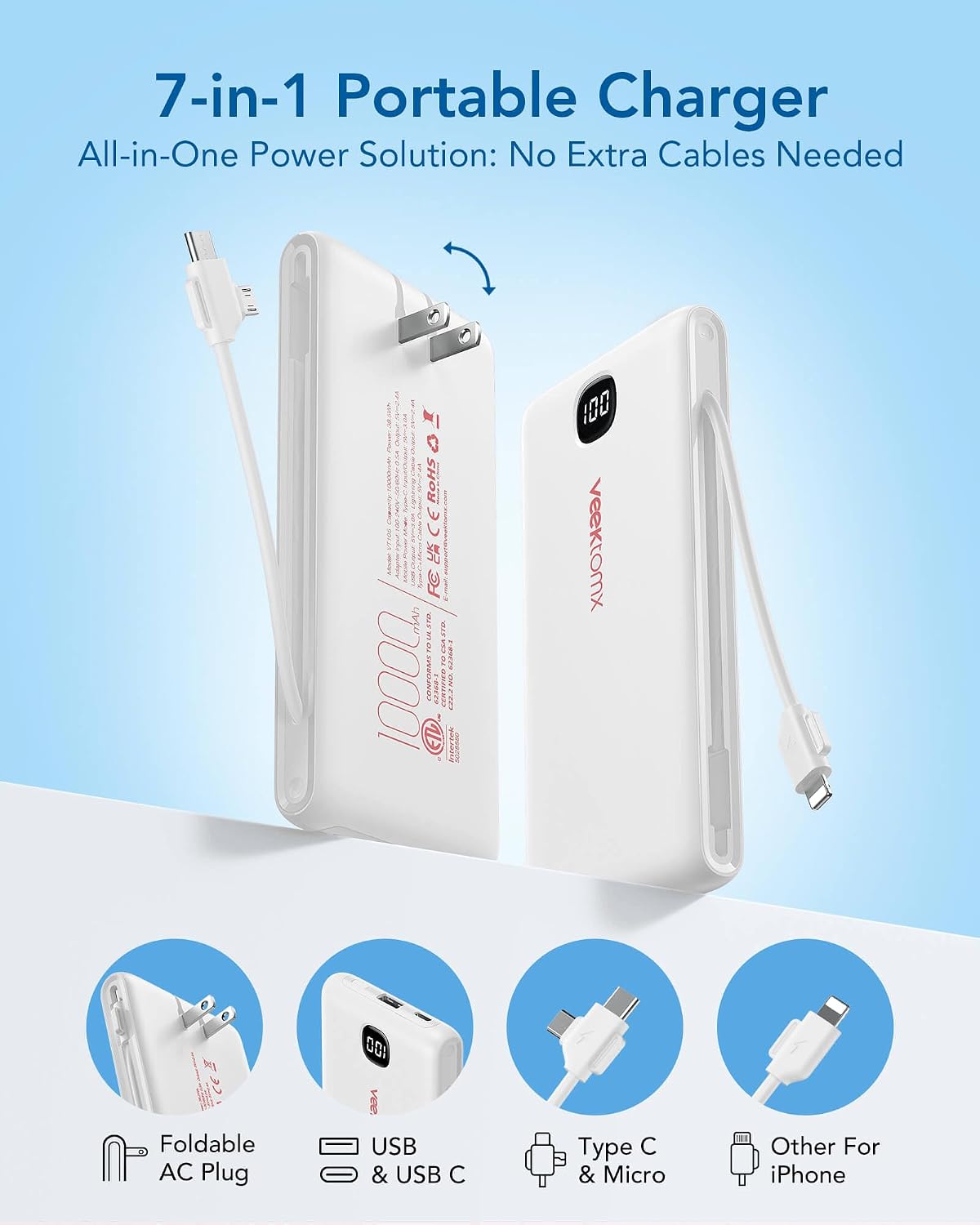 VEEKTOMX Portable Charger with Built-in Cables and AC Wall Plug, 10000mAh | Pocket-Size Travel Power Bank with USB-C and Micro-USB Cables for up to 4 Devices Including iPhone, iPad, Samsung and Kindle