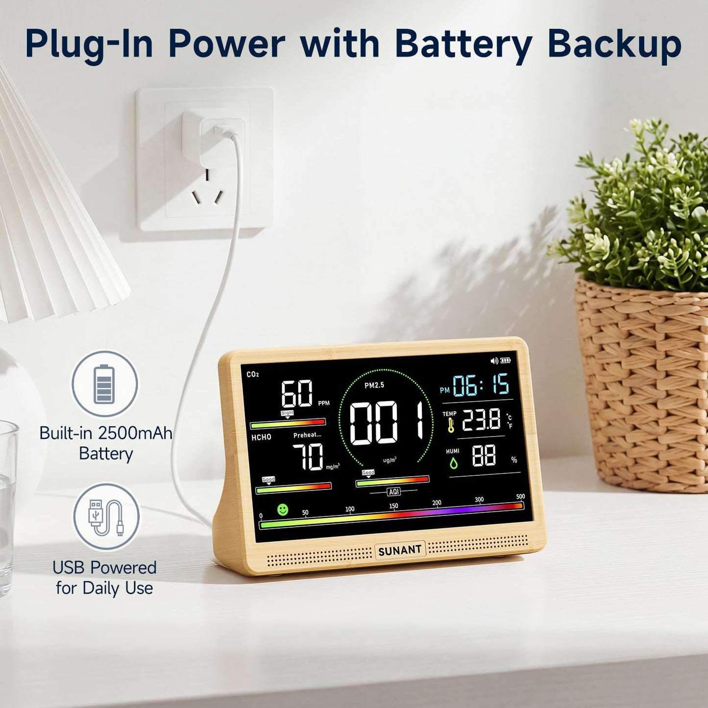 16-in-1 Air Quality Monitor Indoor, 7' Smart Large Display 9 AQI+7 Alarm Alerts, Real Time CO2, Formaldehyde, TVOC, PM2.5, PM10, Temperature & Humidity Portable Battery Powered Tester for Home, Office