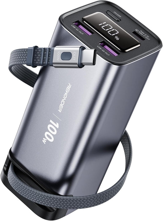 REWONDER 100W Power Bank Fast Charging 20000mAh with Built-in Retractable USB-C Cable, Portable Charger for MacBook Laptop, iPhone 17/16 Series, Samsung, TSA Approved for Air Travel