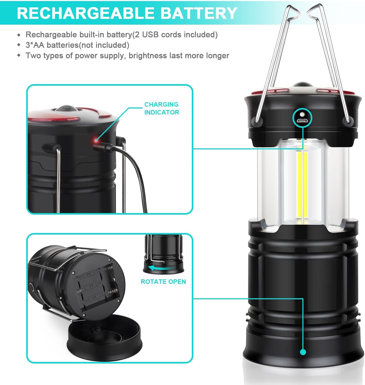 2 Pack Camping Lanterns Camping Essentials Tent Lights Camping Accessories | 2-in-1 Rechargeable Lantern, Hurricane Lights LED Lantern with Flashlight & Magnet Base for Camping, Hiking,Emergency, Outage