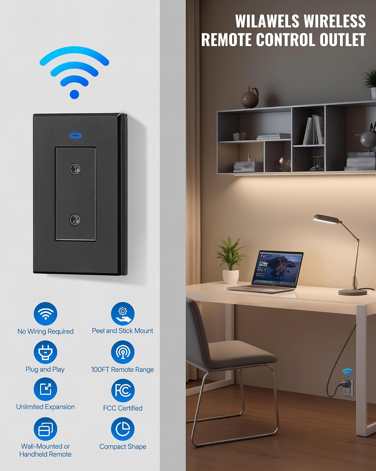 Black Remote Control Outlet Plug, WILAWELS Wireless Light Switch, On Off Remote Switch Outlet for Lights, Lamps, Home Appliance, 100ft RF Range, FCC Listed (2 Controllers + 1 Outlet) H05RC2106